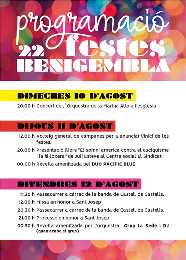 Programa de Fiestas Patronales de Benigembla - Sant Josep, Sant Agustí y Sant Francesc 2022 1 cartel de fiestas patronales de benigembla 2022