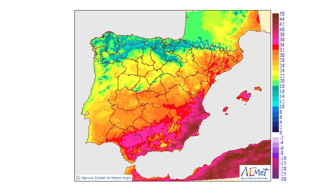 Temperaturas máximas de hoy en Península y Baleares