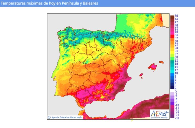 Temperaturas máximas de hoy en Península y Baleares