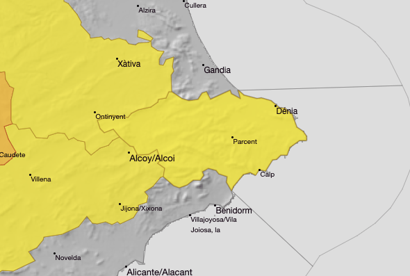 Image: Yellow alert for rainfall Marina Alta August 29