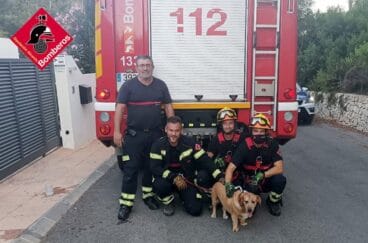 Bomberos con el perro rescatado