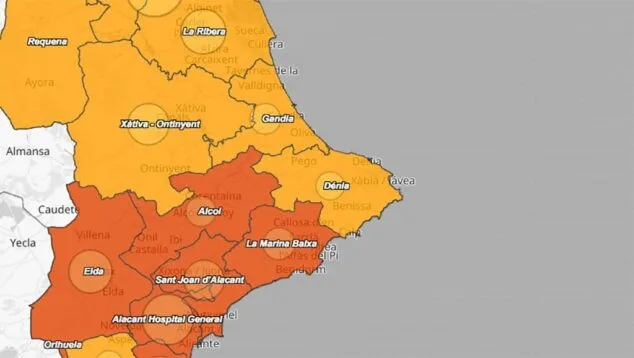 La Marina Alta se sitúa en riesgo medio de contagio y baja la incidencia del coronavirus en casi 100 puntos 1 Imagen: Coronavirus por departamentos de salud el 7 de septiembre de 2021