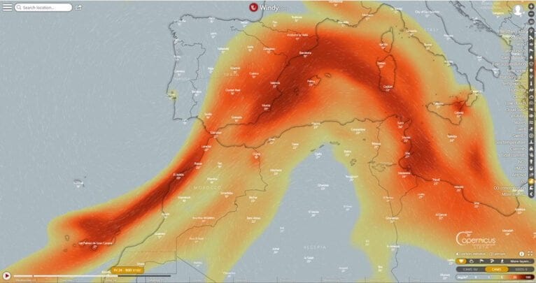 Trayectoria nube de azufre por la península. Fuente: Copernicus EU