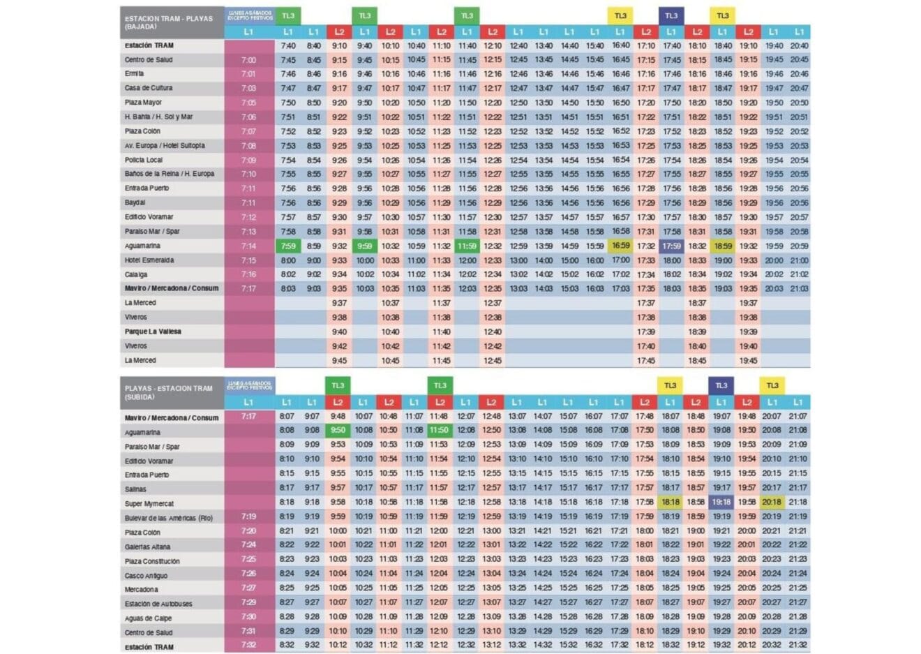 Horarios autobuses L1 y L2 en Calp