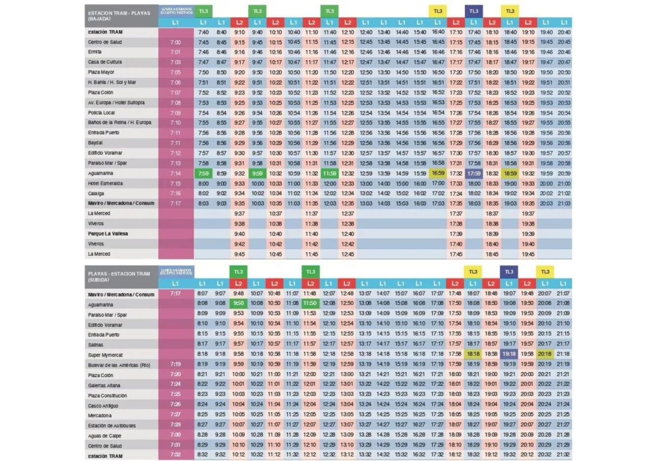 Horarios autobuses L1 y L2 en Calp