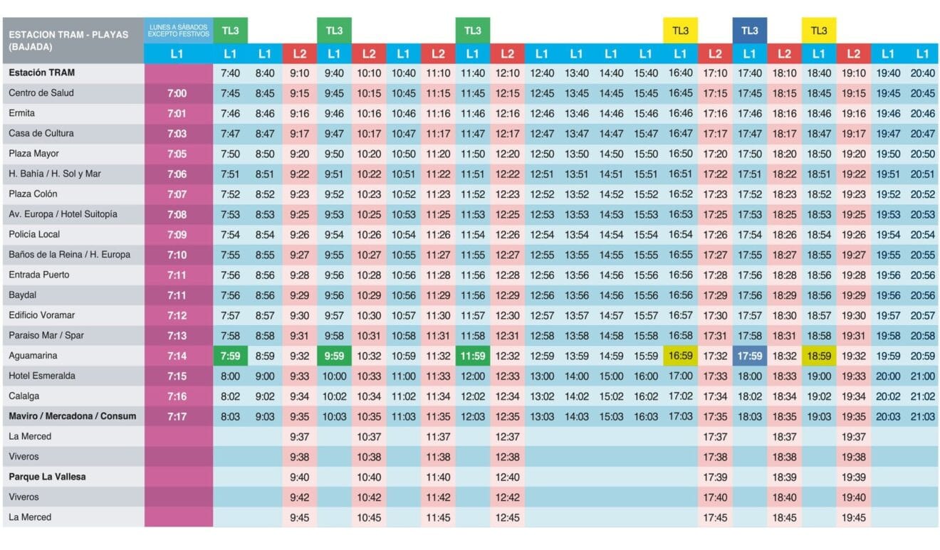 Horarios de autobús L1 y L2 en Calp (bajada)