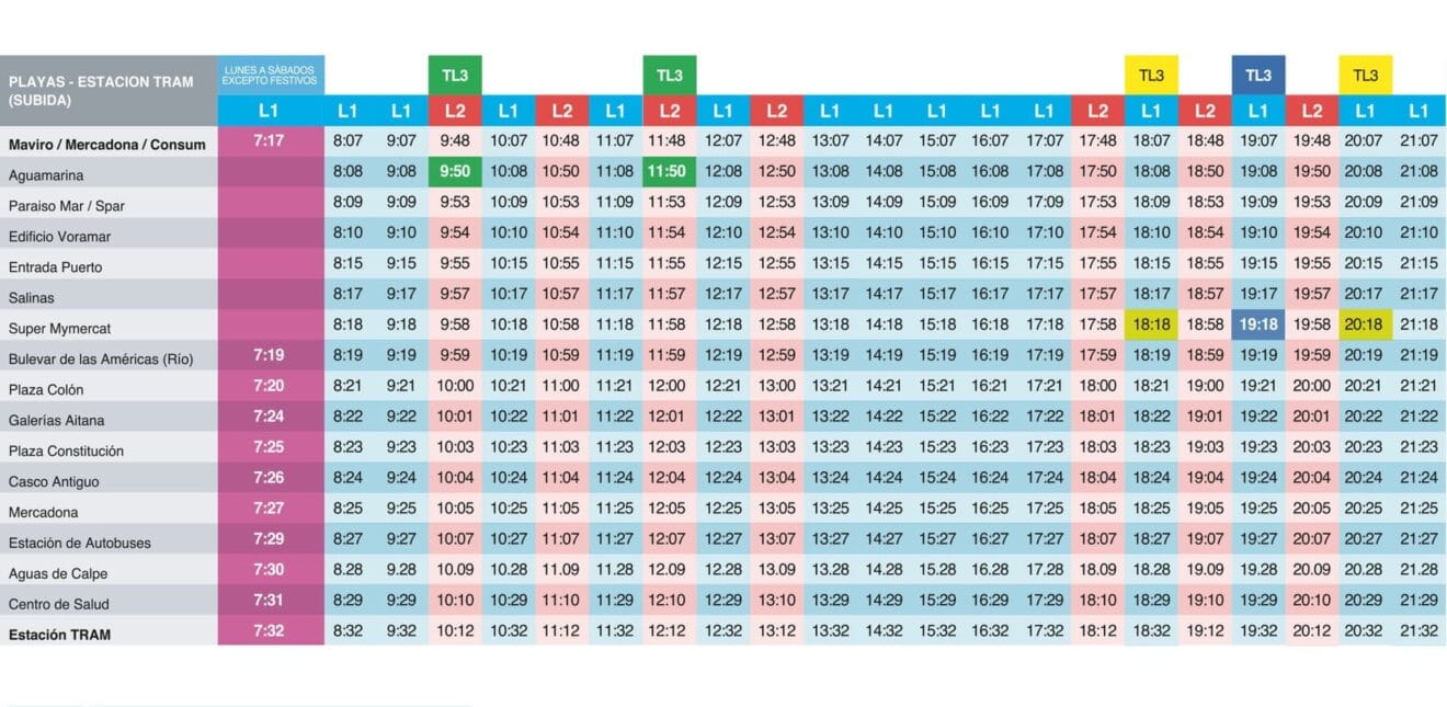 Horarios L1 y L2 de autobús en Calp (subida)