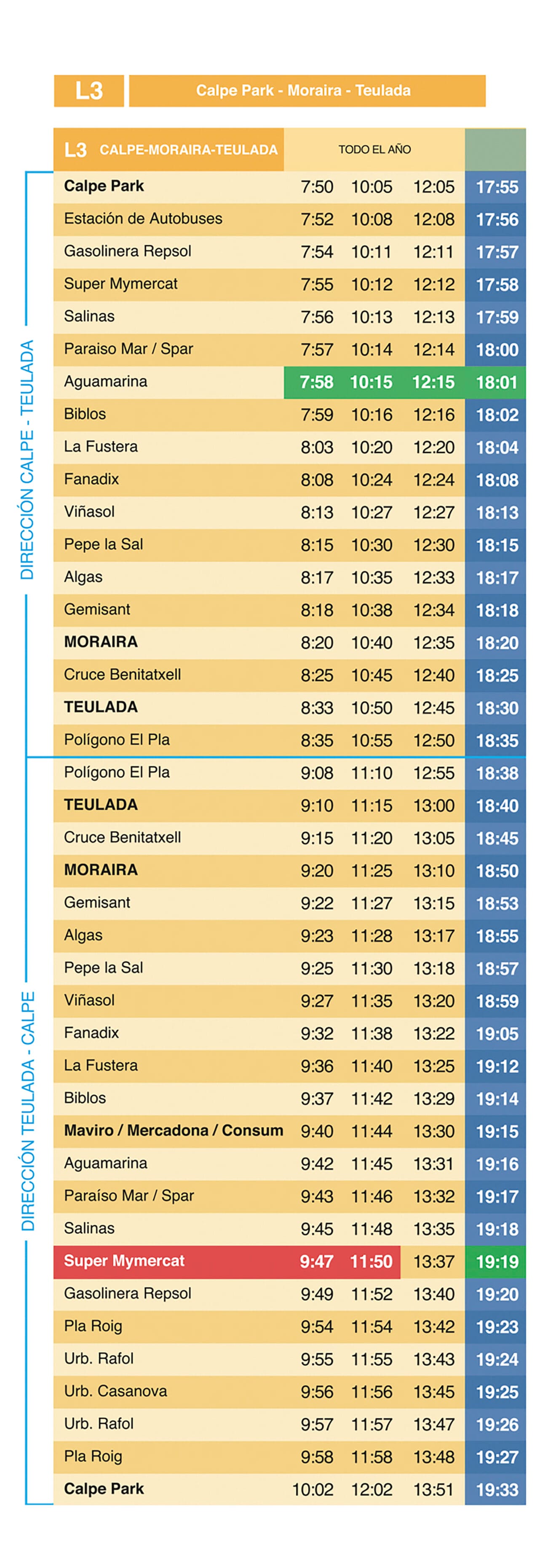 Horarios autobús L3 Calp-Teulada-Moraira