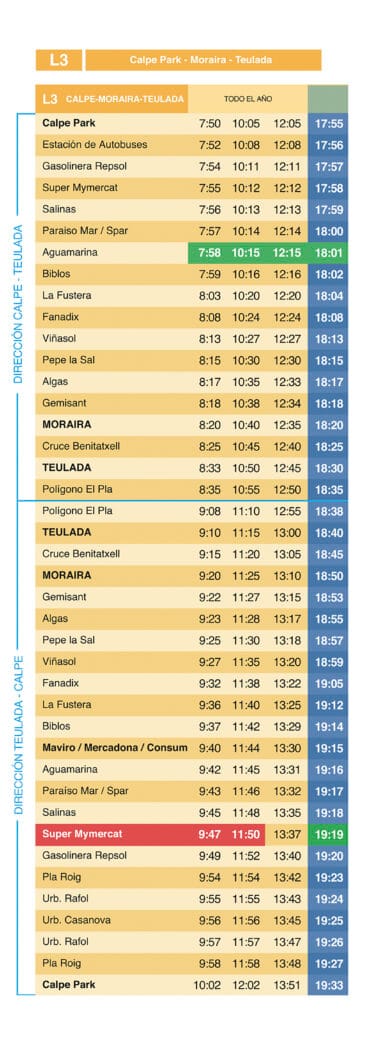 Horarios autobús L3 Calp-Teulada-Moraira
