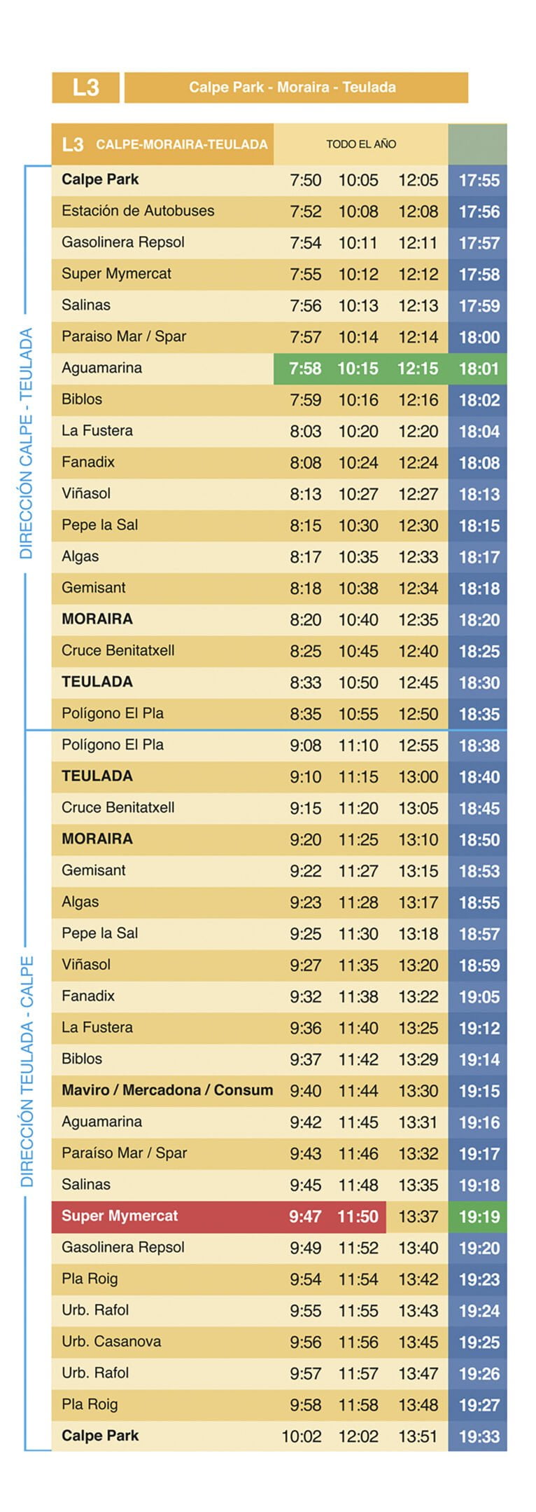 Horarios autobús L3 Calp-Teulada-Moraira