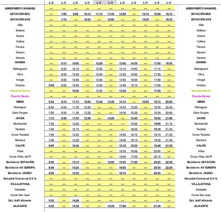 Horarios de autobús entre aeropuerto de Manises y Alicante de lunes a viernes