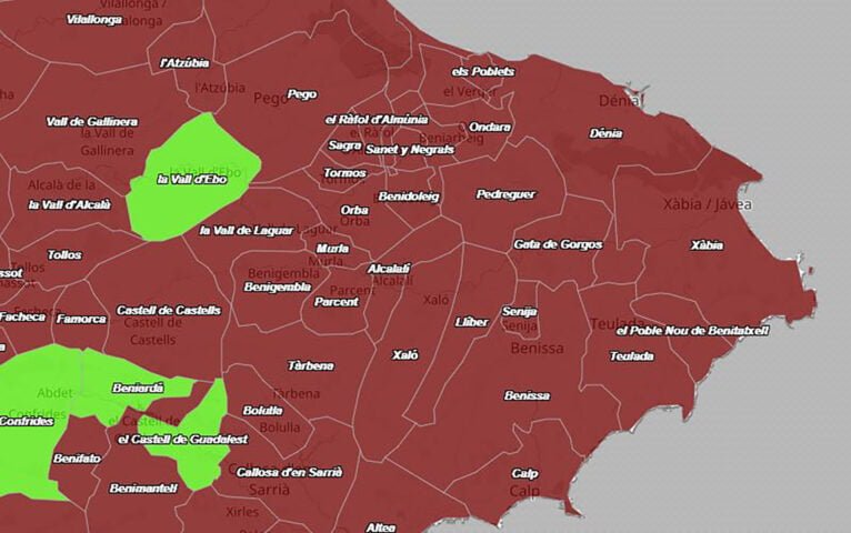 Mapa de incidencia acumulada en la Marina Alta, martes 11 de enero de 2022