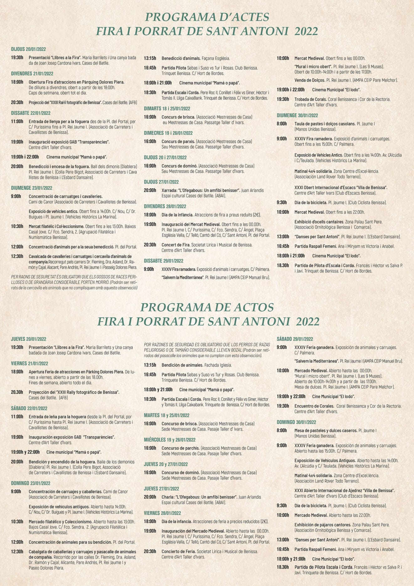 Programación completa de la Fira i Porrat de Sant Antoni 2022 en Benissa
