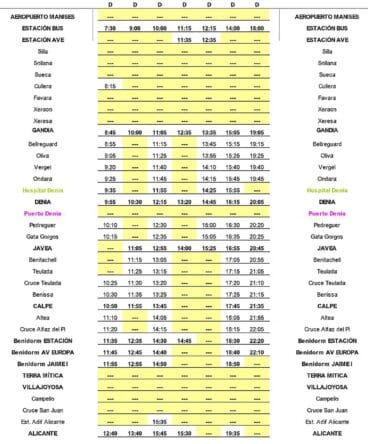 Ruta de autobús entre Manises y Alicante en domingo