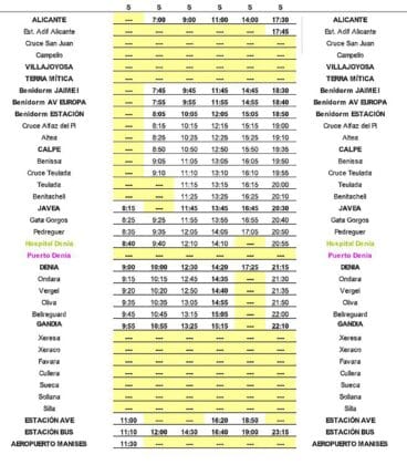 Ruta y horarios de autobús Alicante-Manises los sábados