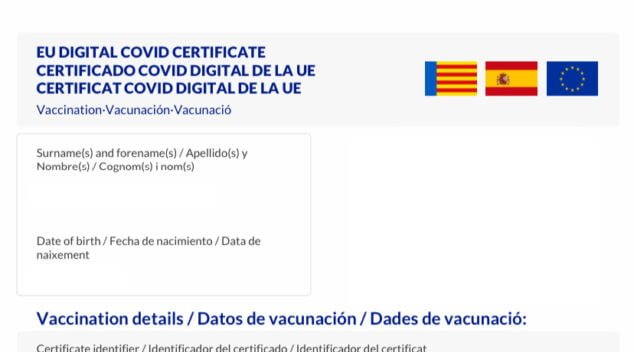 Imagen: Certificado COVID en la Comunidad Valenciana