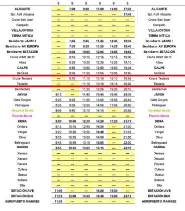 Horarios autobús Alicante-Valencia desde Teulada los sábados