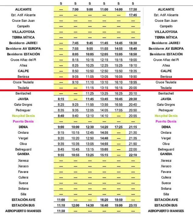 Imagen: Horarios autobús Alicante-Valencia desde Teulada los sábados