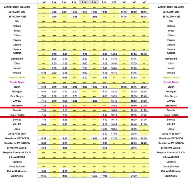 Imagen: Horarios de autobús Valencia-Alicante de lunes a viernes en Teulada