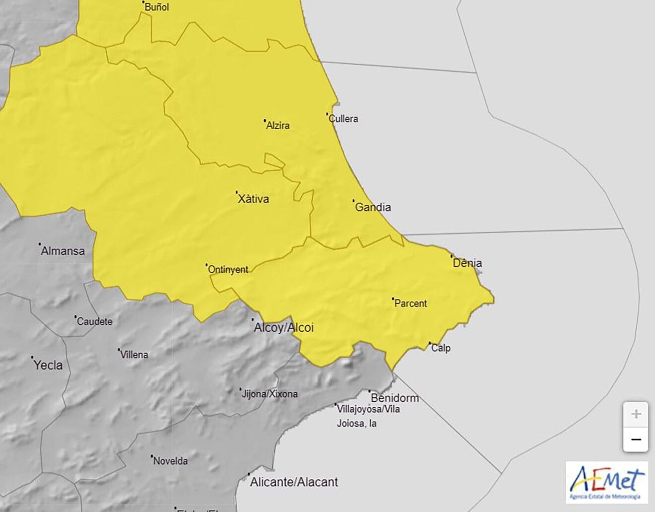 Alerta amarilla por lluvias en la Marina Alta