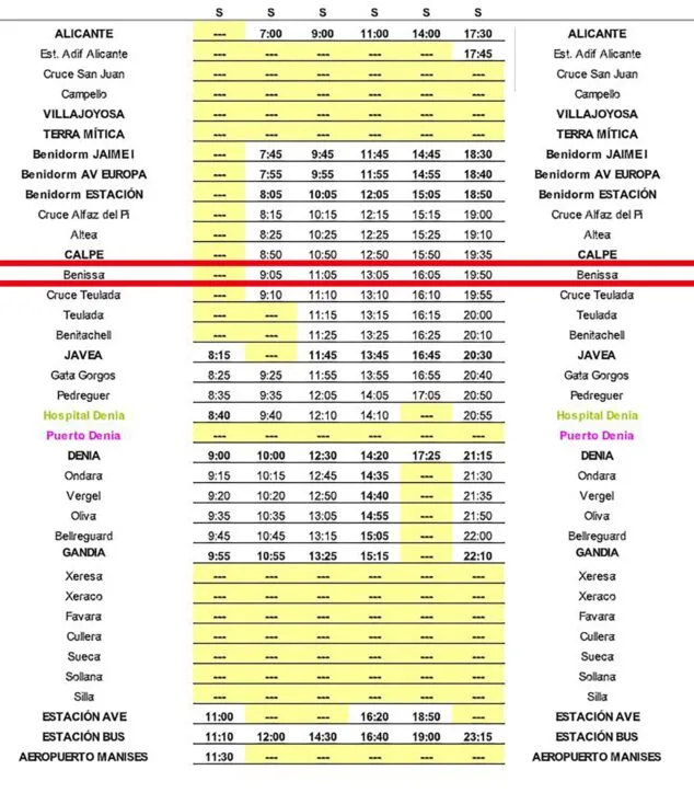 Autobuses en Benissa: líneas, tarifas y horarios 10 Imagen: Autobús Alicante-Manises con parada en Benissa los sábados