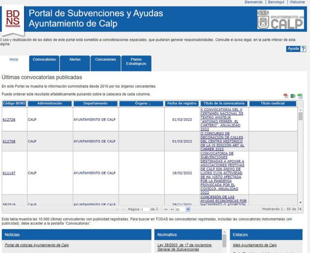 Imagen: Interfaz del portal de subvenciones