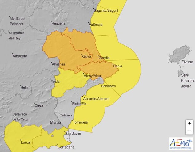 Imagen: Mapa de avisos en la Comunitat Valenciana, AEMET