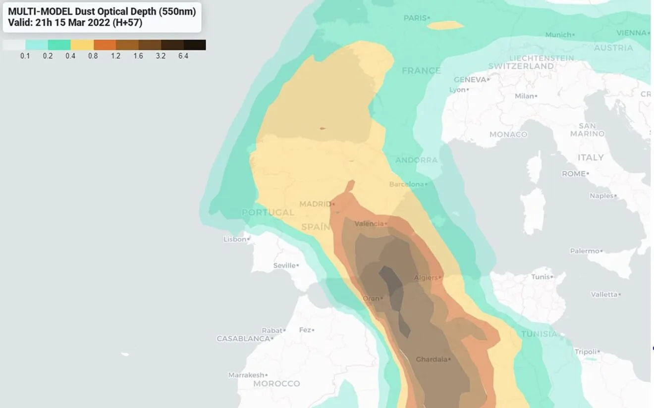 Previsión de partículas de polvo sahariano, martes 15 de marzo 21.00 h - AEMET