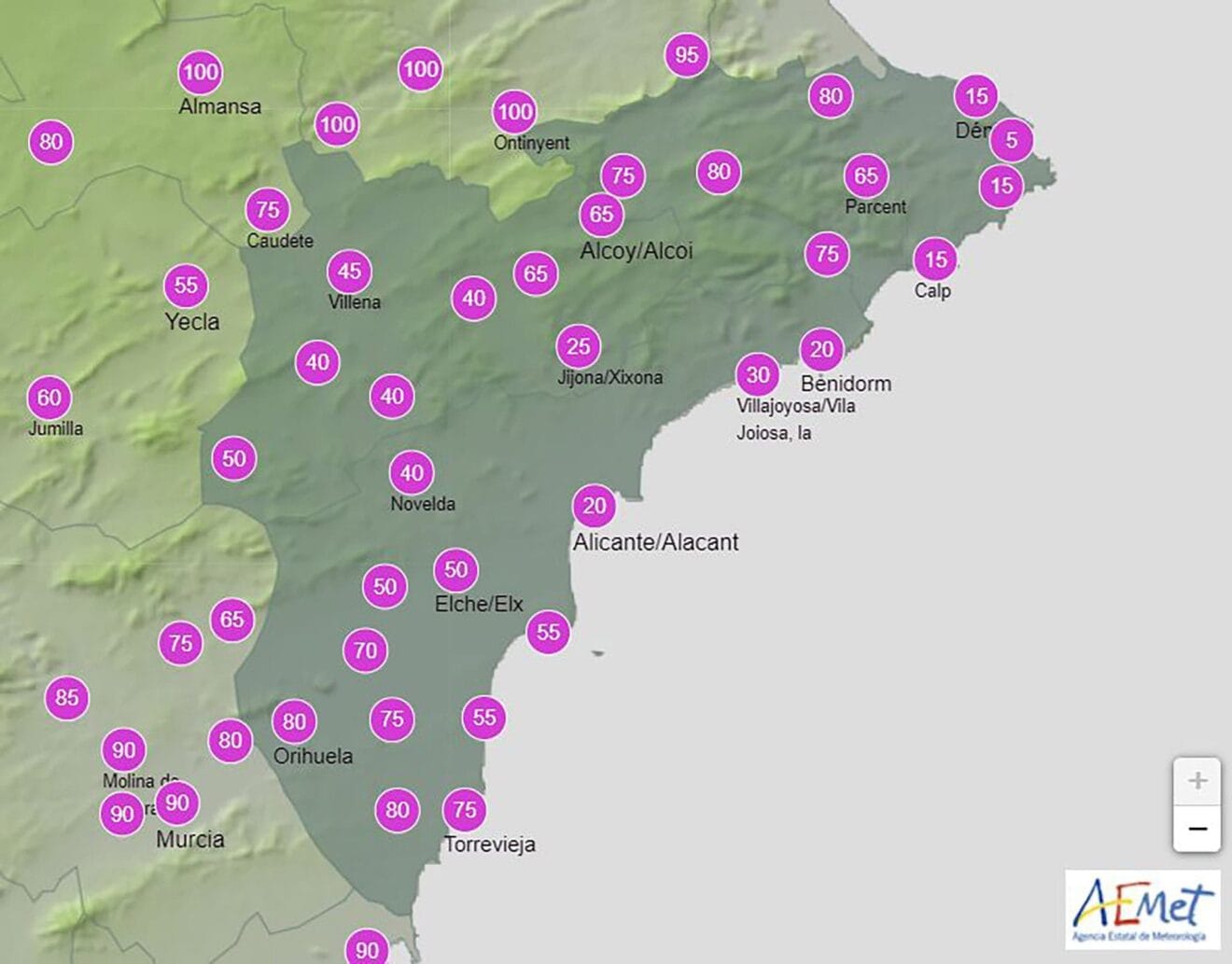 Probabilidad de precipitación AEMET para el jueves 24 de marzo 2022
