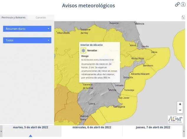 Imagen: Alerta amarilla por nieve en AEMET publicado por el Laboratorio de Climatología de la UA