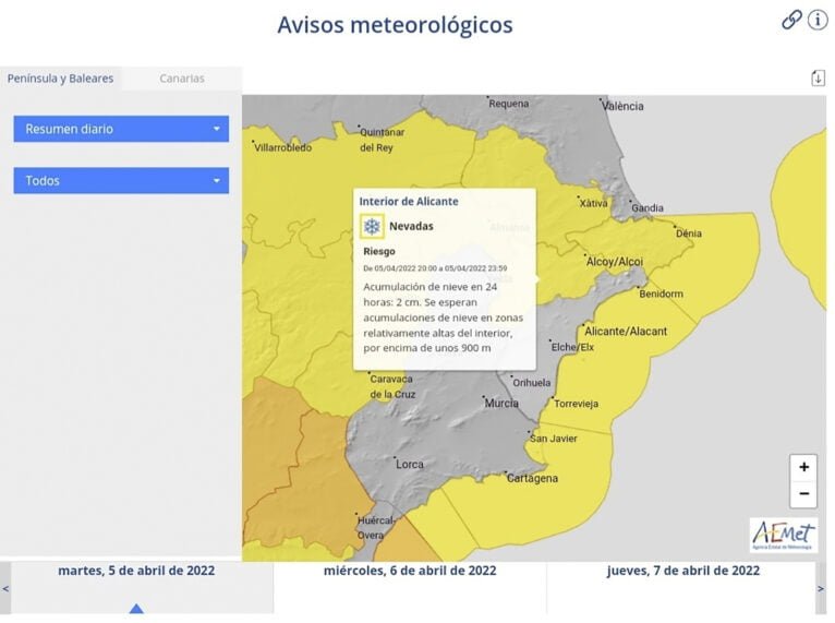 Alerta amarilla por nieve en AEMET publicado por el Laboratorio de Climatología de la UA