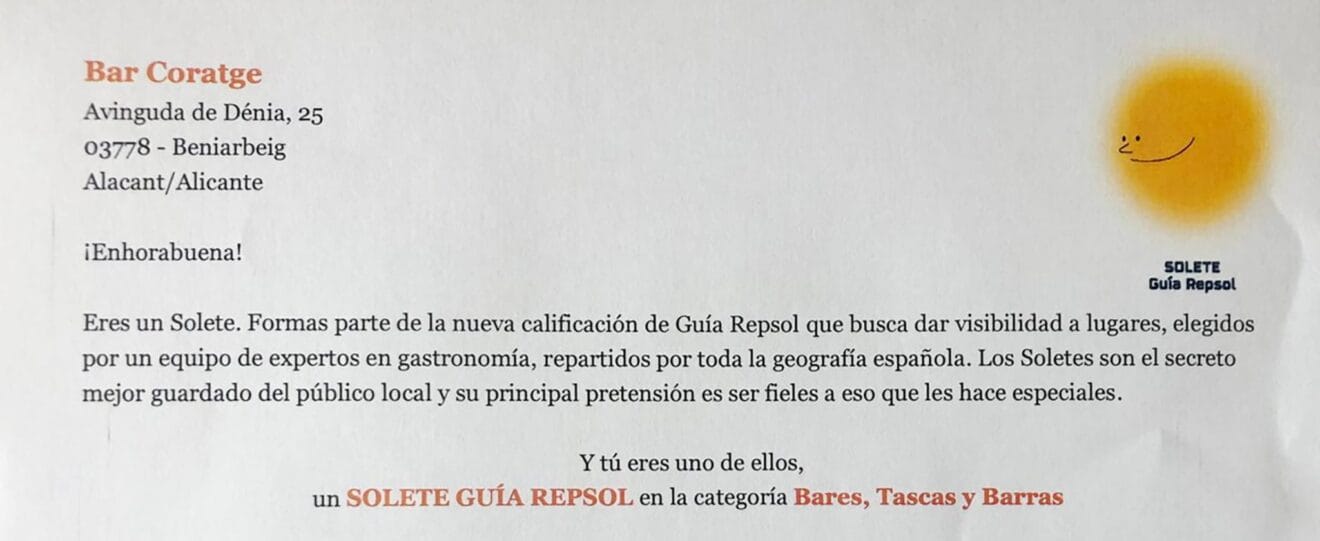 Carta que acredita al Bar Coratge como Solete Repsol