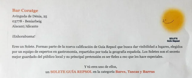 Imagen: Carta que acredita al Bar Coratge como Solete Repsol