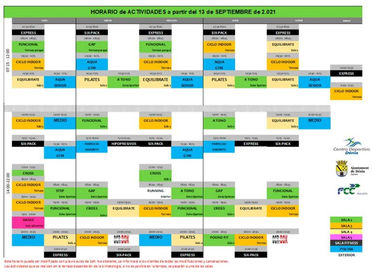 Horario de actividades de Centro Deportivo Dénia