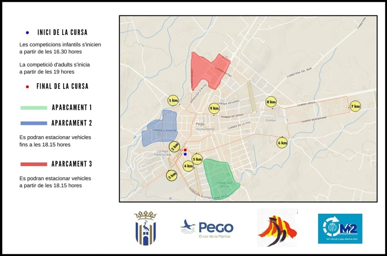 Mapa del recorrido por Pego y zonas de aparcamiento