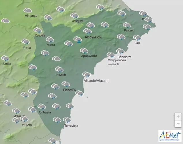 AEMET vuelve a activar la alerta amarilla: ¿qué tiempo hará en la Marina Alta esta semana? 2 Imagen: Mapa del tiempo el lunes por la tarde en la provincia de Alicante AEMET