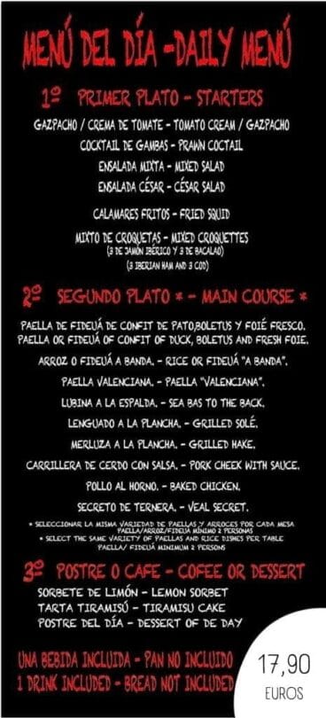 Menú del día en La Boheme