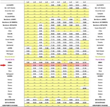 Autobús Alsa en Ondara desde Alicante de lunes a viernes