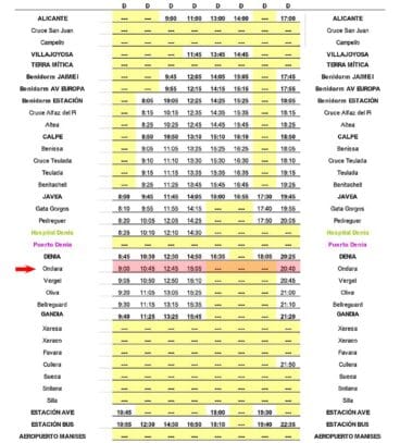 Autobús Alsa en Ondara desde Alicante el domingo