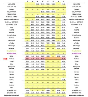Autobús Alsa en Ondara desde Alicante el domingo