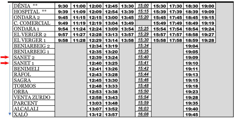 Autobús Dénia-Sanet entre semana