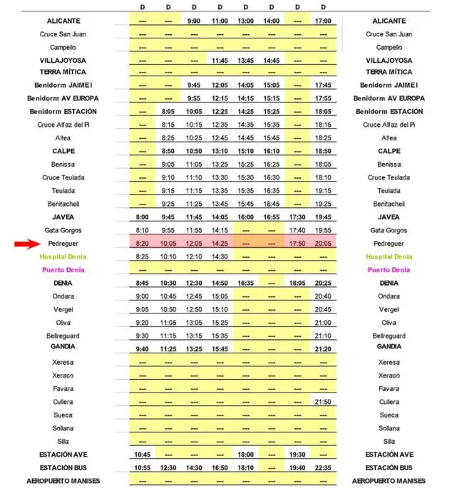 Autobuses en Pedreguer: horarios, parada y tarifas 11 Imagen: Autobús Pedreguer-Valencia el domingo