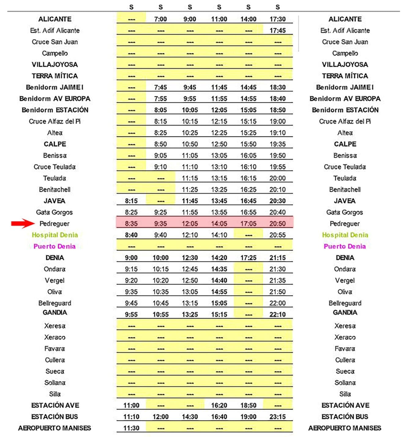 Autobús Pedreguer-Valencia el sábado