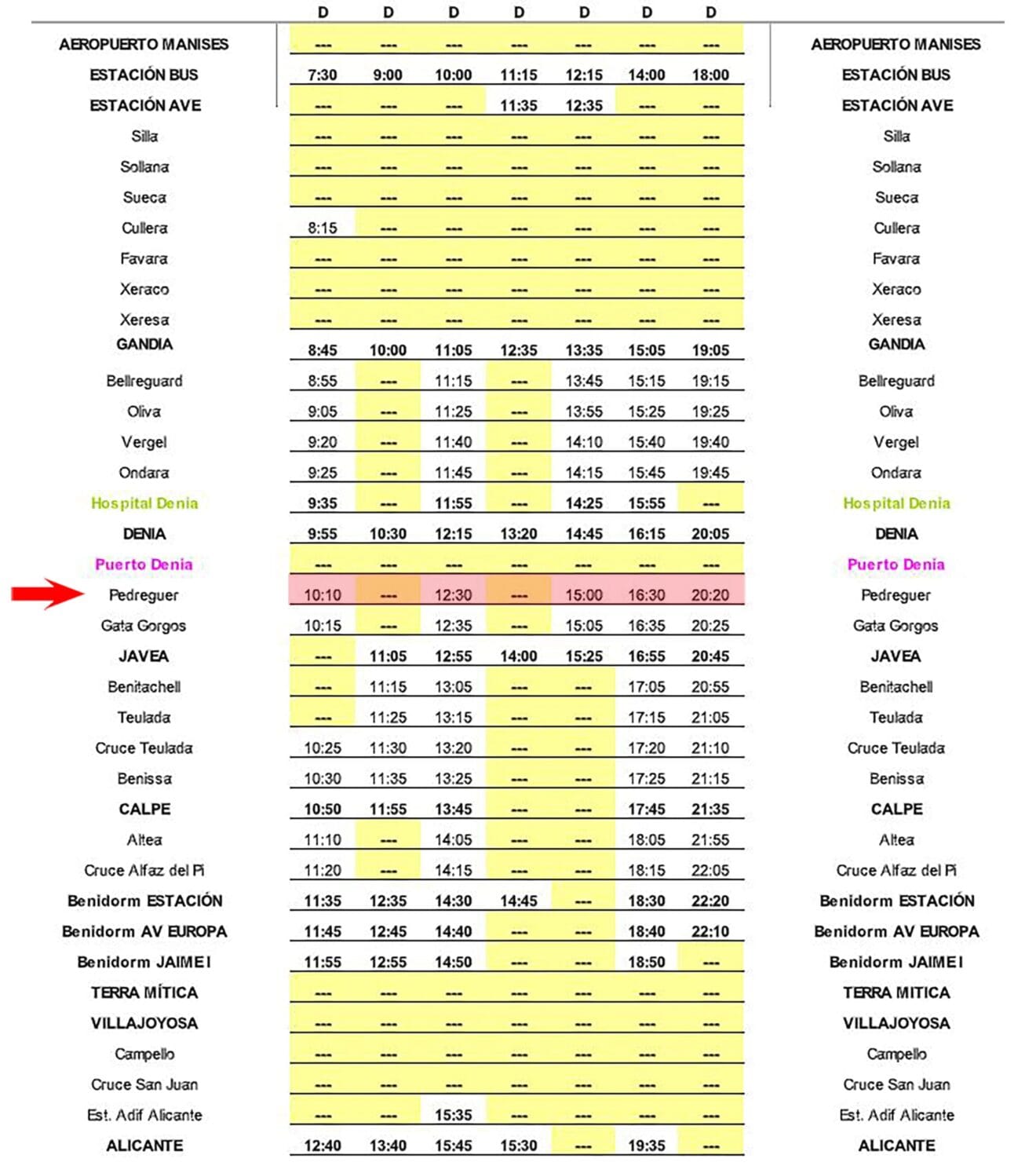 Autobús Valencia-Alicante con parada en Pedreguer el domingo