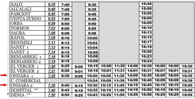 Imagen: Horario de autobús Carrió en Ondara entre semana