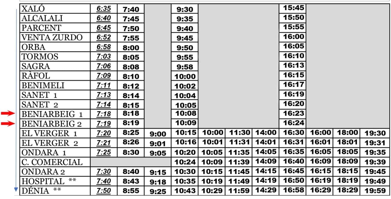 Horario de autobús de lunes a viernes en Beniarbeig hasta Dénia