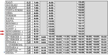 Horario de autobús de lunes a viernes en Beniarbeig hasta Dénia