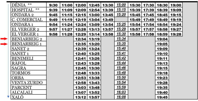 Horario de autobús de lunes a viernes en Beniarbeig hasta Xaló