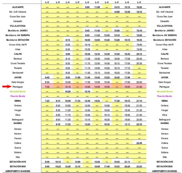 Autobuses en Pedreguer: horarios, parada y tarifas 9 Imagen: Horario de autobús desde Pedreguer hasta Valencia entre semana