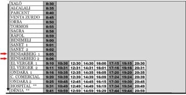 Horario de autobús en Beniarbeig el sábado hasta Dénia